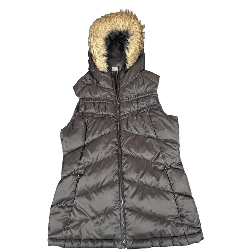 Mondetta Puffer Vest Womens M Black Down Quilted Hooded Faux Fur Trim